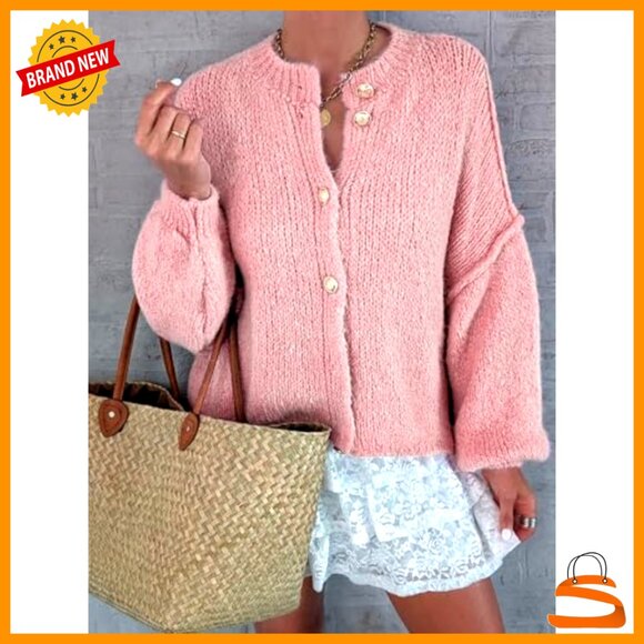 Chunky Knit Cardigan Oversized Fit Lantern Sleeve Button Up Cozy Sweater - Picture 5 of 7